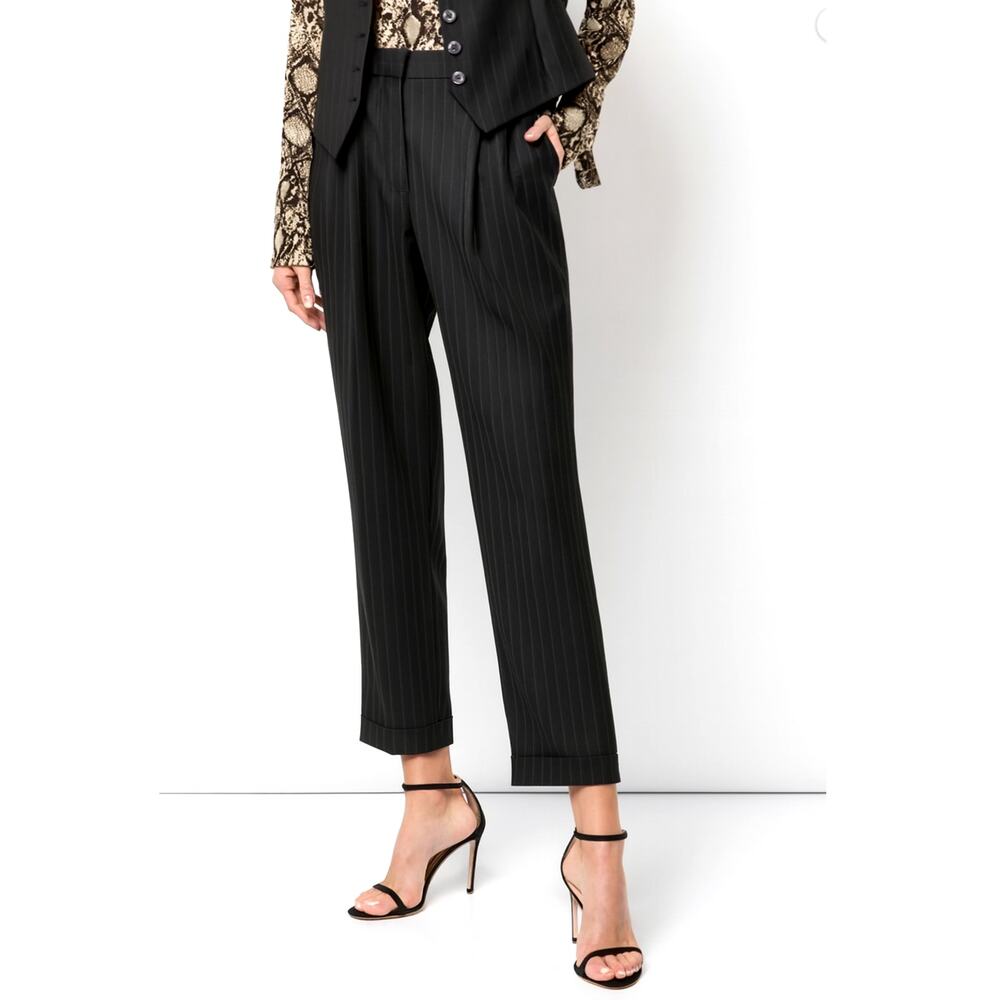 Nili Lotan 8 Virgin Wool Pinstripe Montana Pants $575 Pleated Cropped Black NWT